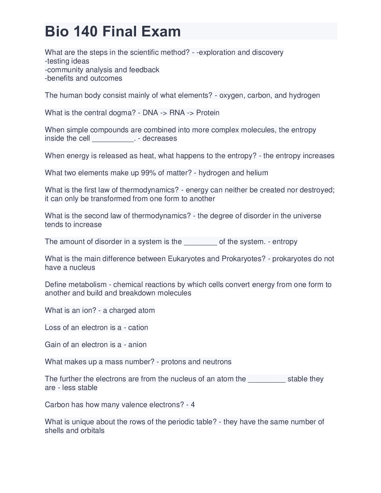 Preview image of Bio 140 Final Exam| 360 QUESTIONS| WITH COMPLETE SOLUTIONS document